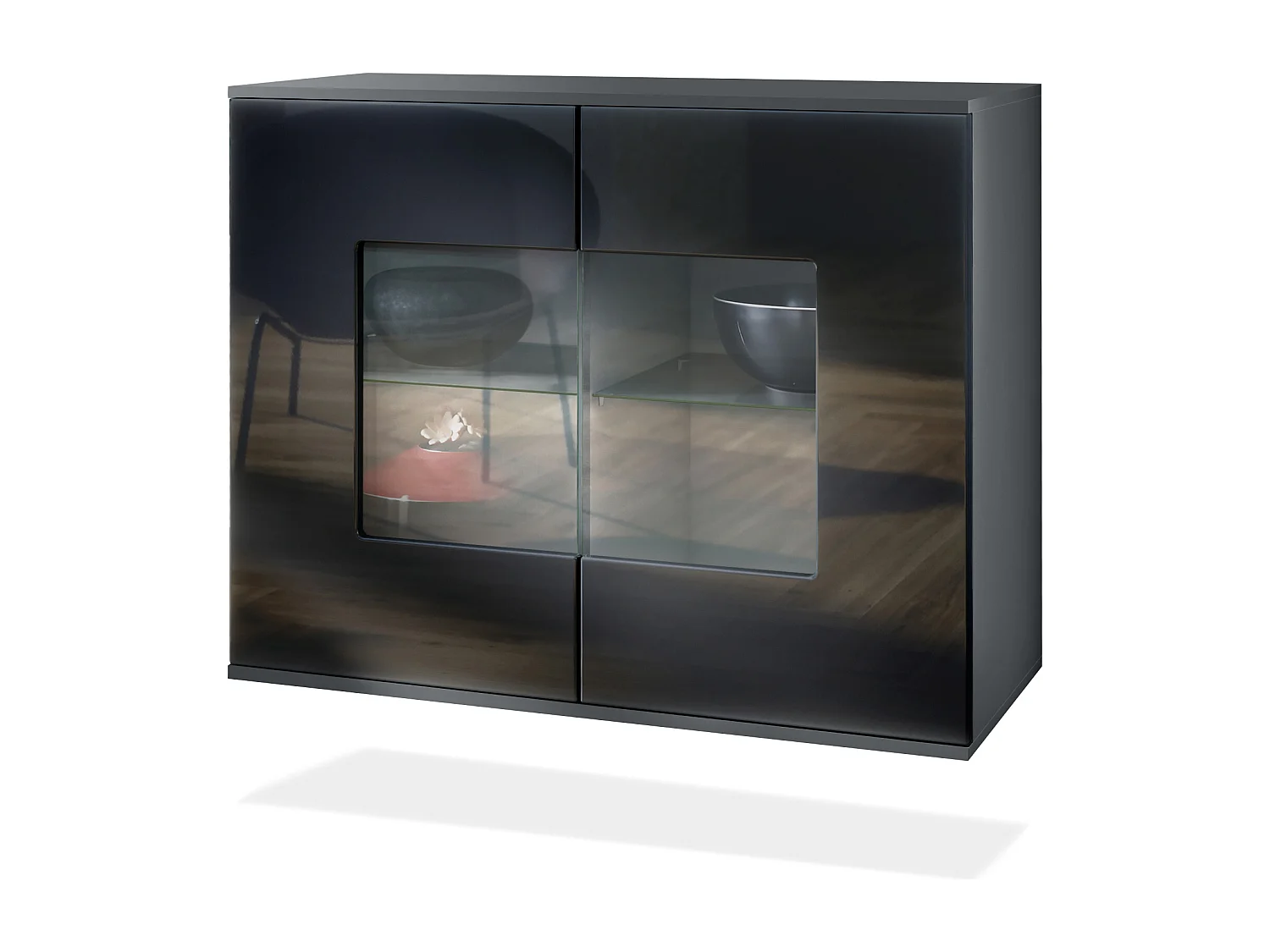 Commode Grömitz V3, Armoire de cuisine moderne avec 2 grandes portes vitrées anthracite mat / noir haute brillance (92,5 x 73.5 x 35)