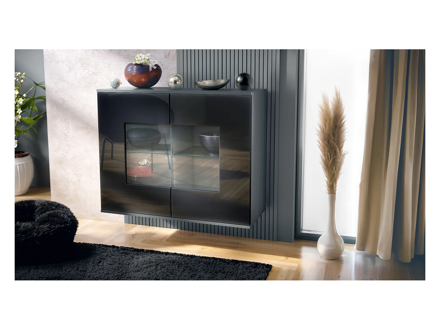 Commode Grömitz V3, Armoire de cuisine moderne avec 2 grandes portes vitrées anthracite mat / noir haute brillance (92,5 x 73.5 x 35)