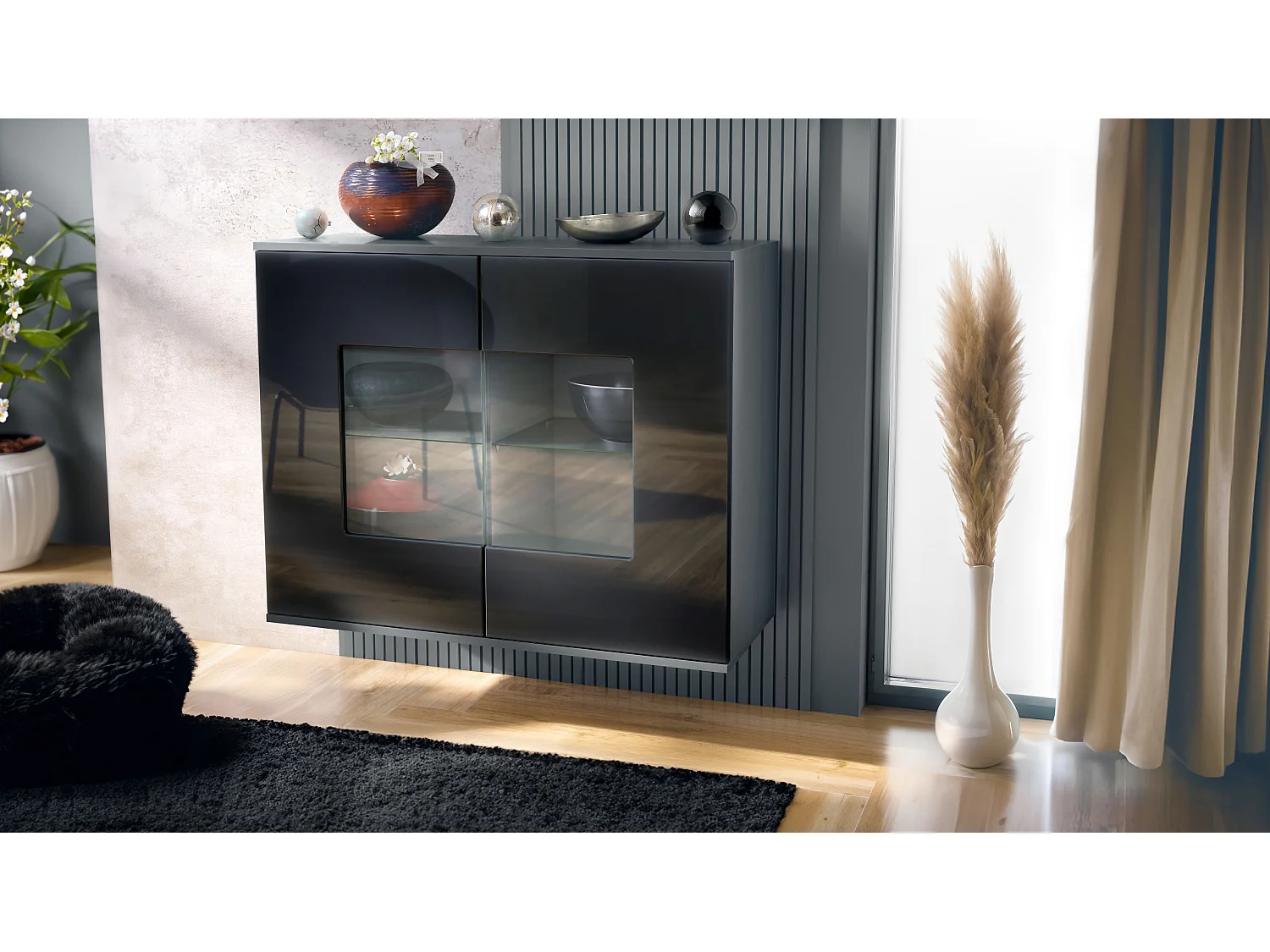 Cómoda Grömitz V3, Moderno armario de cocina con 2 grandes puertas de cristal antracita mate / negro de alto brillo (92,5 x 73.5 x 35)