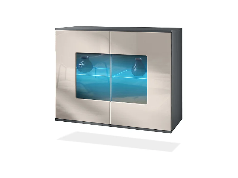 Commode Grömitz V3, Armoire de cuisine moderne avec 2 grandes portes vitrées incl. éclairage RGB anthracite mat / gris sable haute brillance (92,5 x 73.5 x 35)