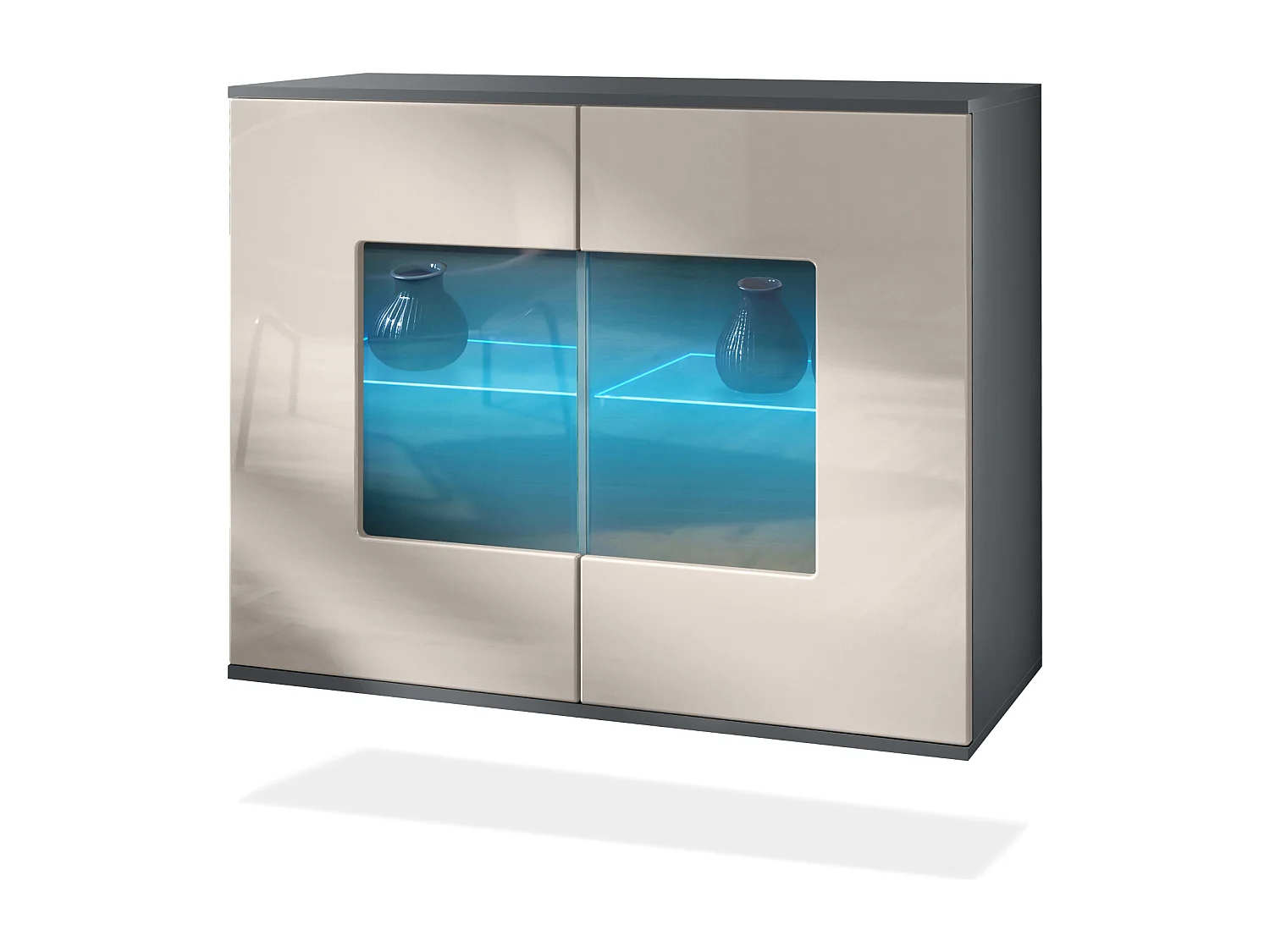 Commode Grömitz V3, Armoire de cuisine moderne avec 2 grandes portes vitrées incl. éclairage RGB anthracite mat / gris sable haute brillance (92,5 x 73.5 x 35)