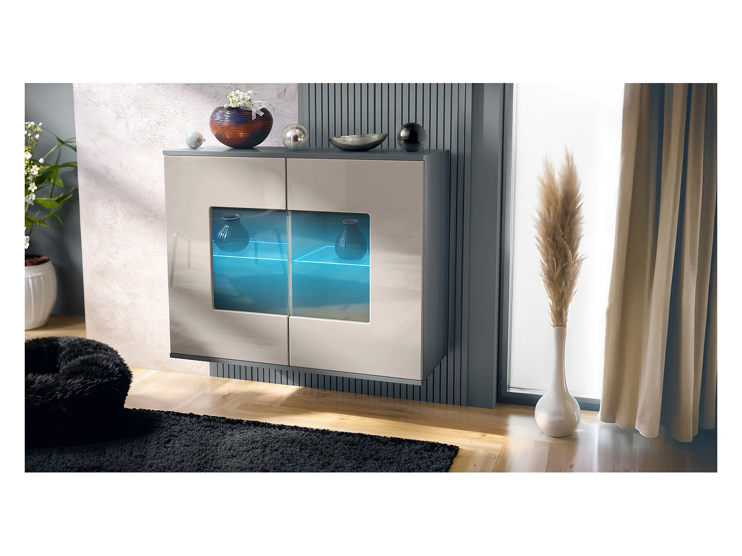 Commode Grömitz V3, Armoire de cuisine moderne avec 2 grandes portes vitrées incl. éclairage RGB anthracite mat / gris sable haute brillance (92,5 x 73.5 x 35)