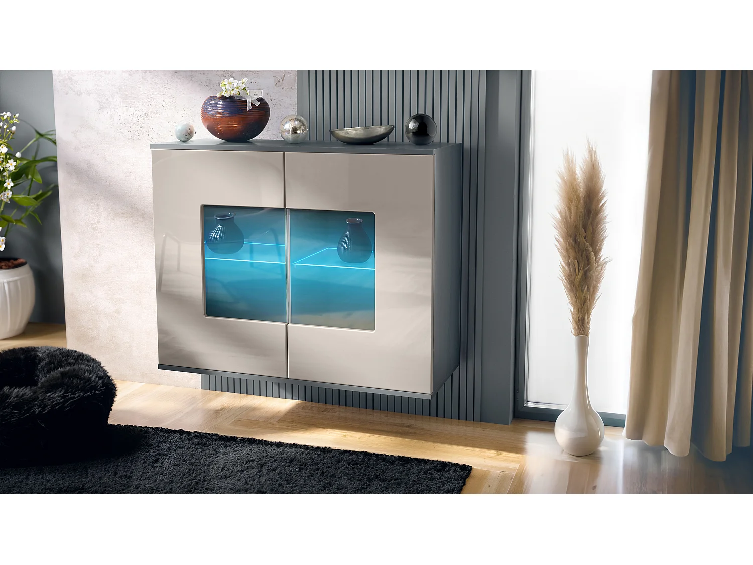 Cómoda Grömitz V3, Moderno armario de cocina con 2 grandes puertas de cristal incl. iluminación RGB antracita mate / gris arena de alto brillo (92,5 x 73.5 x 35)