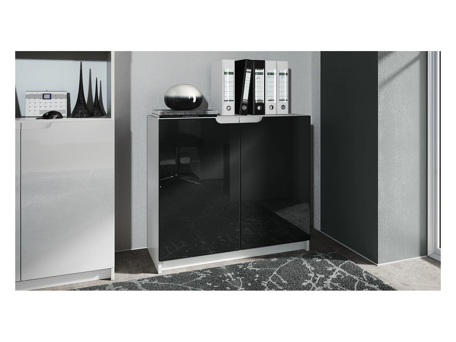 Buffet Logan, Commode avec 2 portes, blanc mat/noir haute brillance (82 x 78 x 37 cm)
