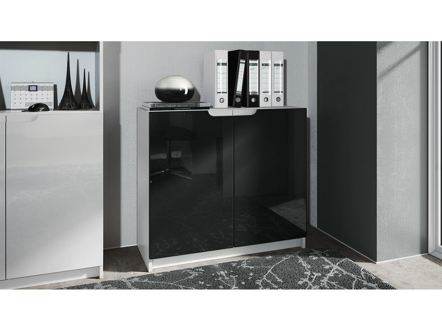 Madia Logan, mobile a 2 ante, bianco opaco/nero lucido (82 x 78 x 37 cm)