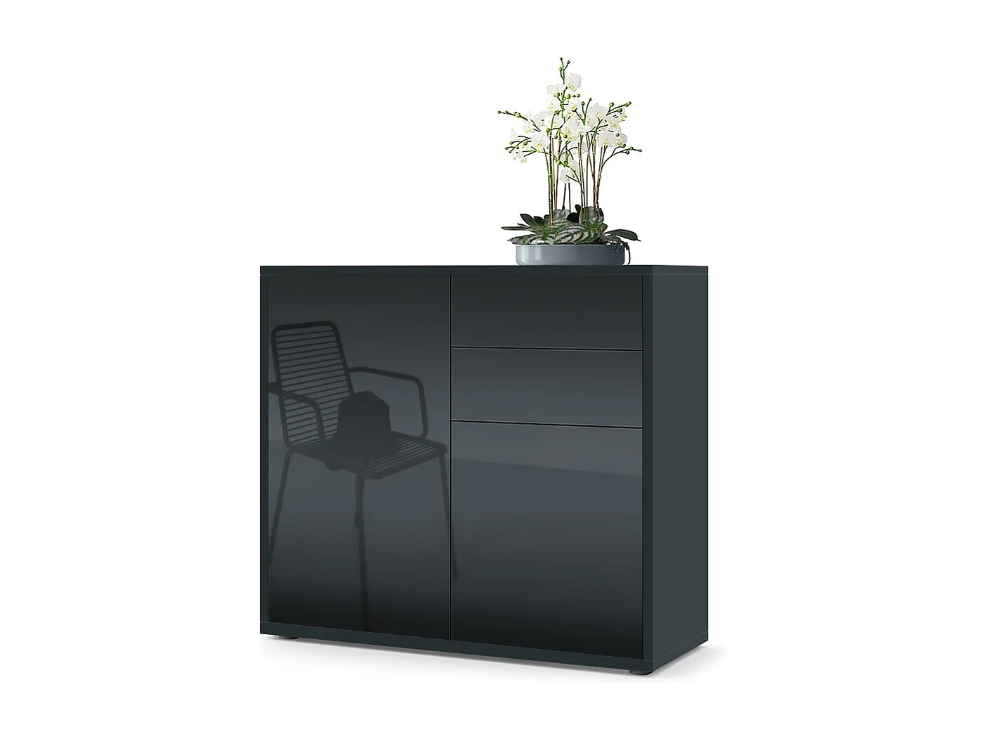 Buffet Ben, Commode avec 2 portes et 2 tiroirs, Noir mat/Noir haute brillance (79 x 74 x 36 cm)