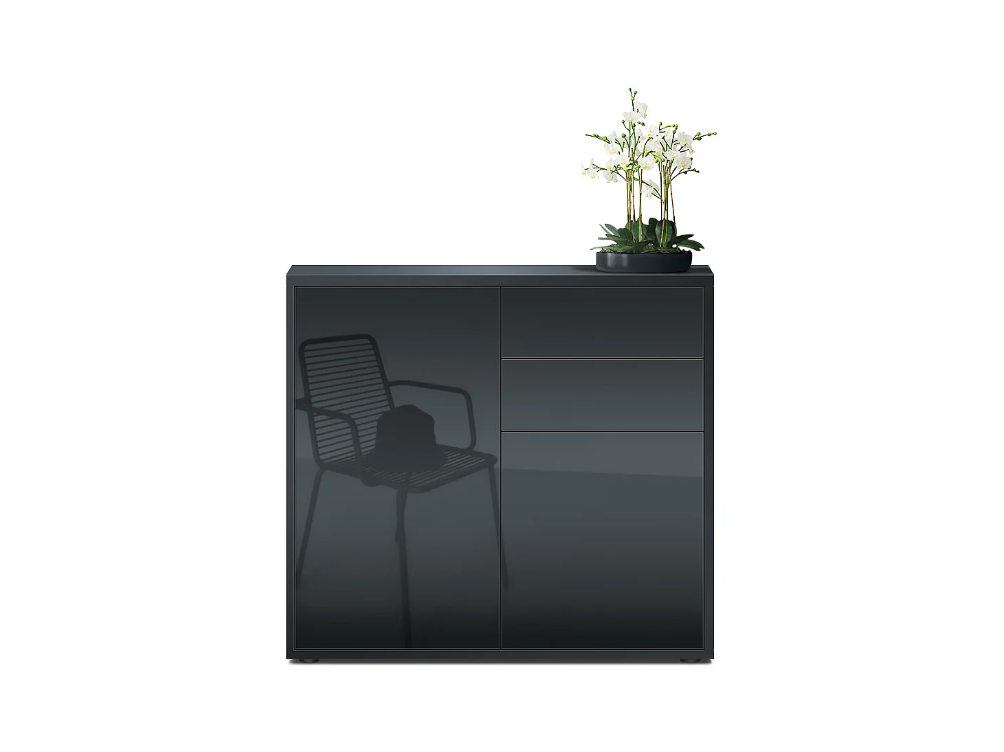 Buffet Ben, Commode avec 2 portes et 2 tiroirs, Noir mat/Noir haute brillance (79 x 74 x 36 cm)