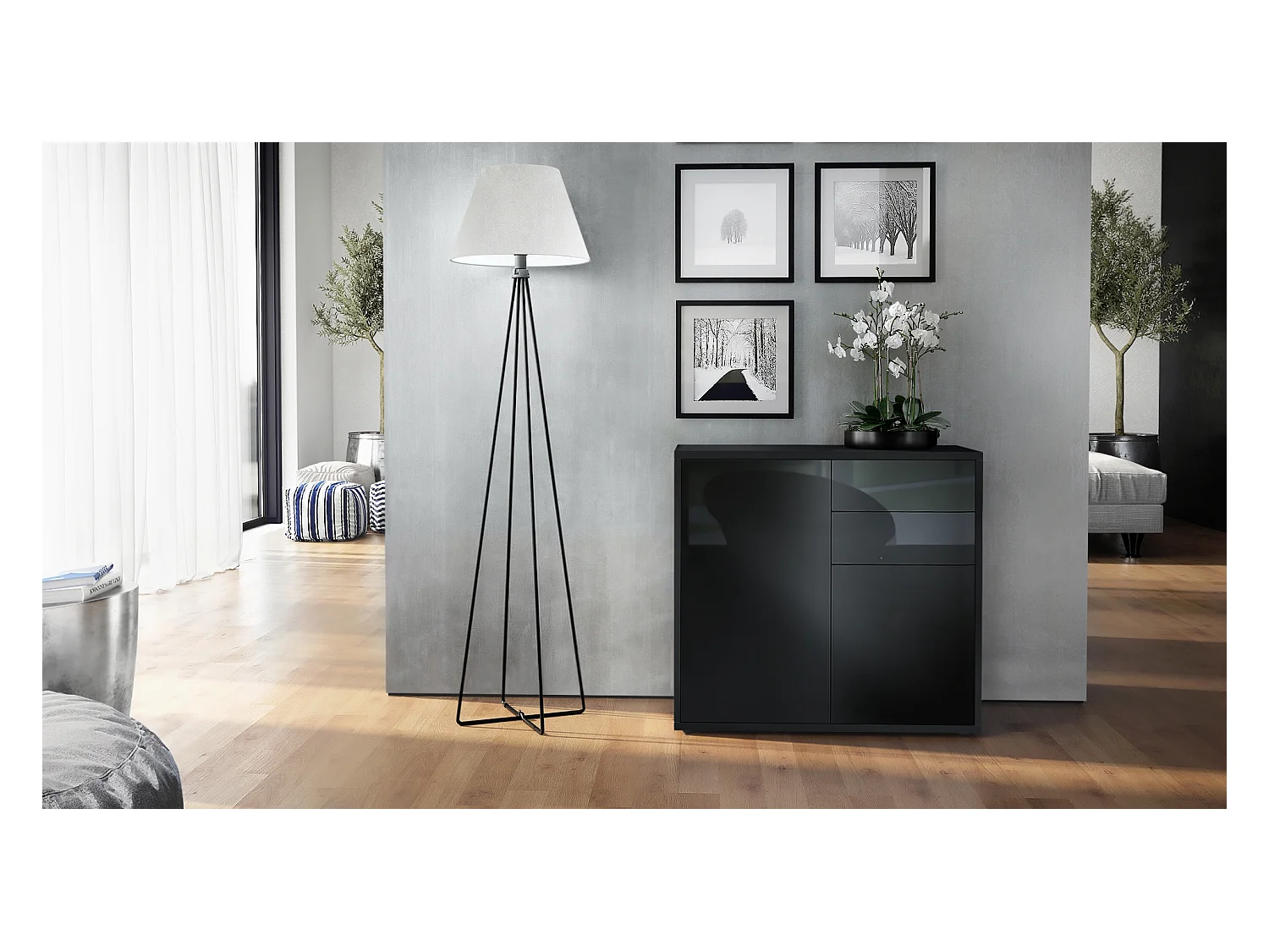 Buffet Ben, Commode avec 2 portes et 2 tiroirs, Noir mat/Noir haute brillance (79 x 74 x 36 cm)