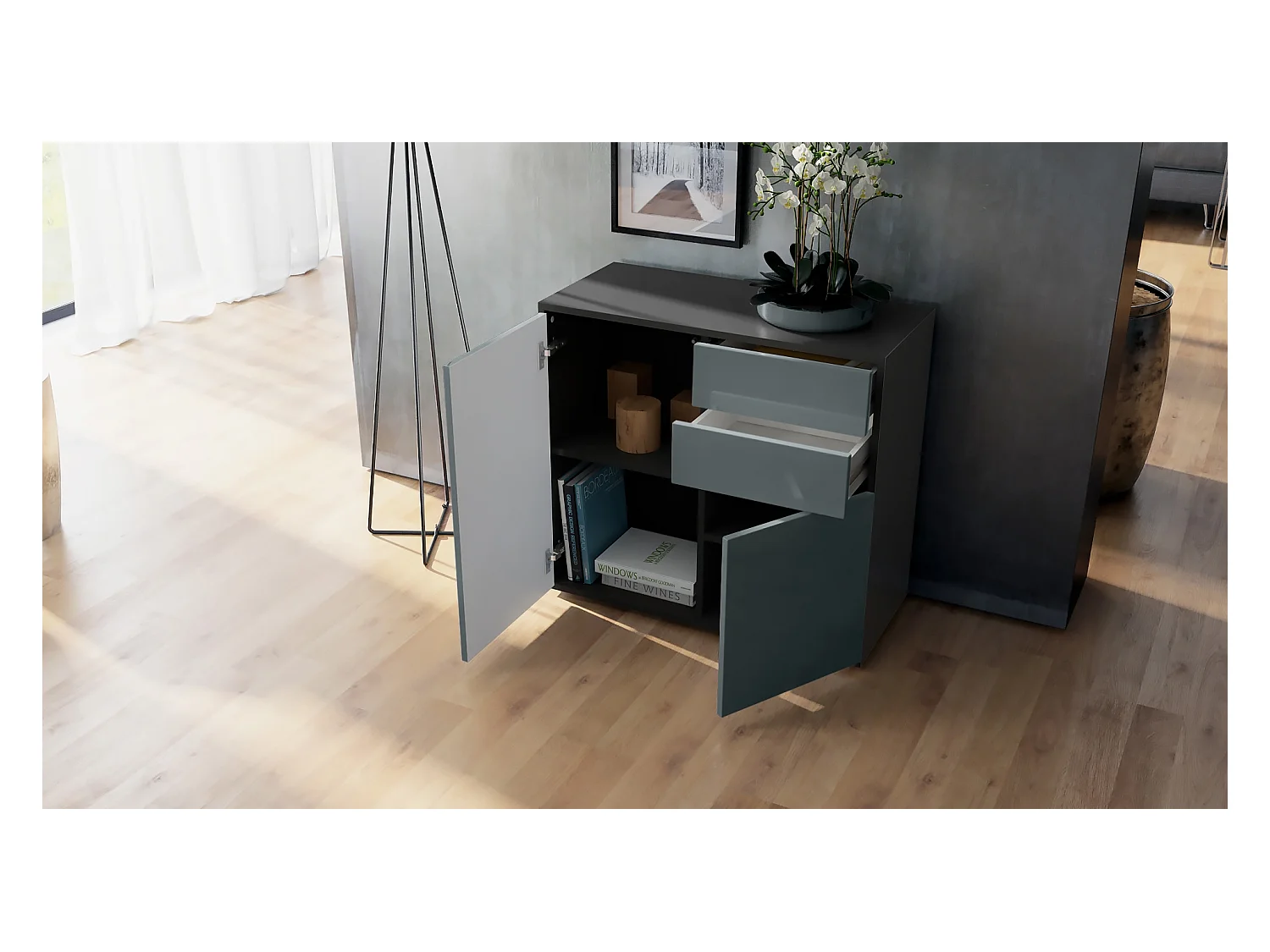 Buffet Ben, Commode avec 2 portes et 2 tiroirs, Noir mat/Noir haute brillance (79 x 74 x 36 cm)