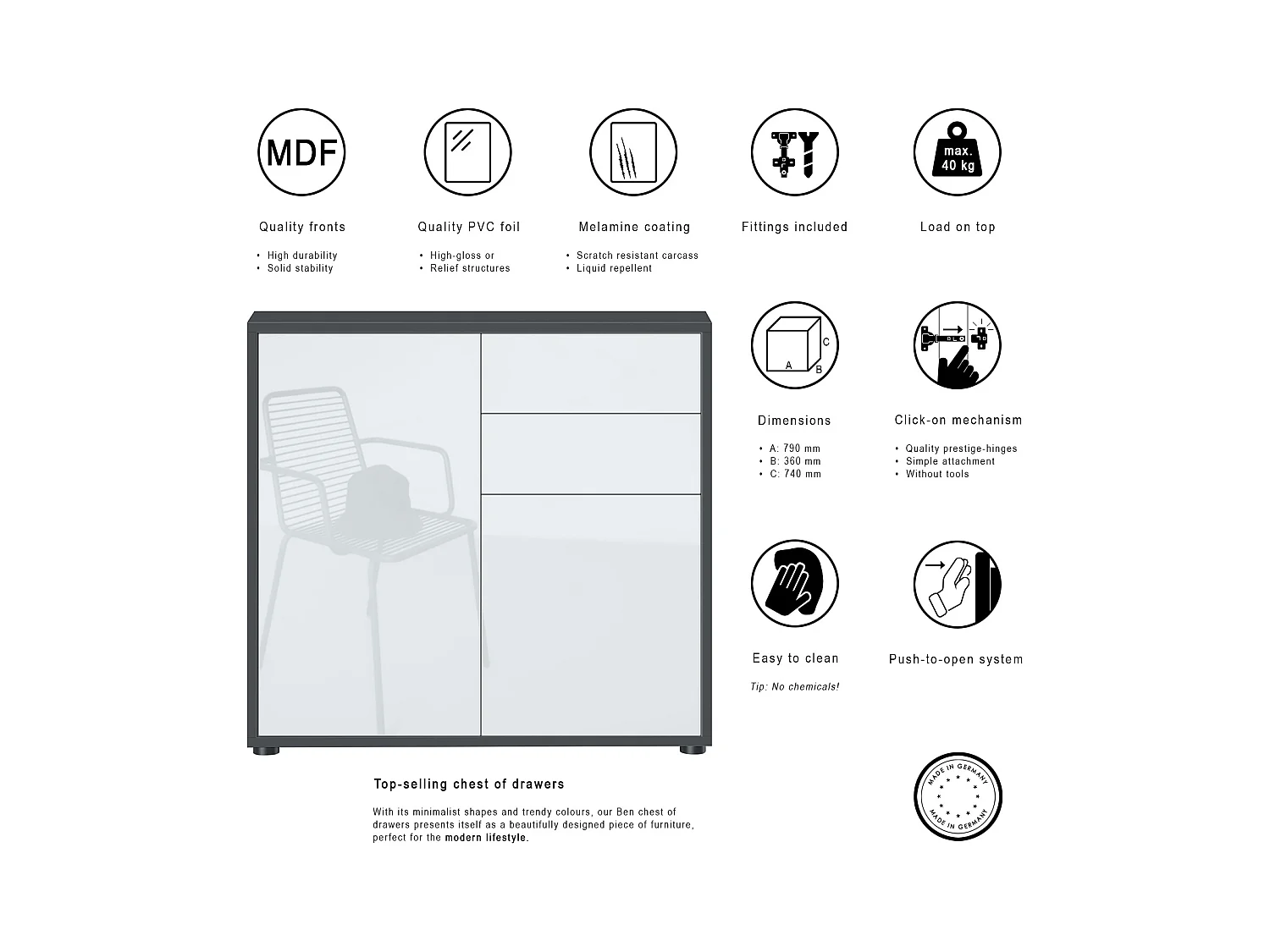 Buffet Ben, Commode avec 2 portes et 2 tiroirs, Noir mat/Noir haute brillance (79 x 74 x 36 cm)