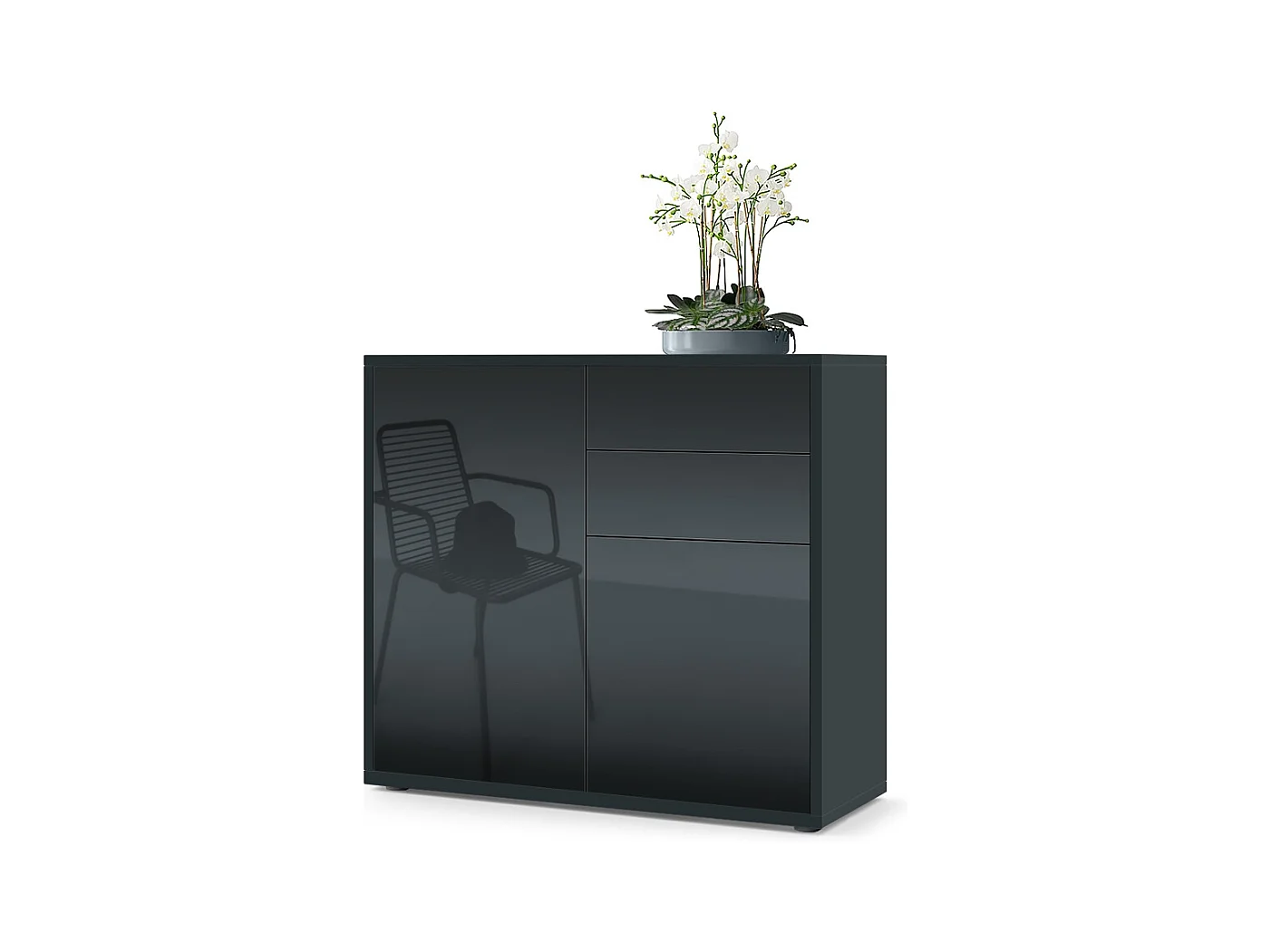 Buffet Ben, Commode avec 2 portes et 2 tiroirs, Noir mat/Noir haute brillance (79 x 74 x 36 cm)