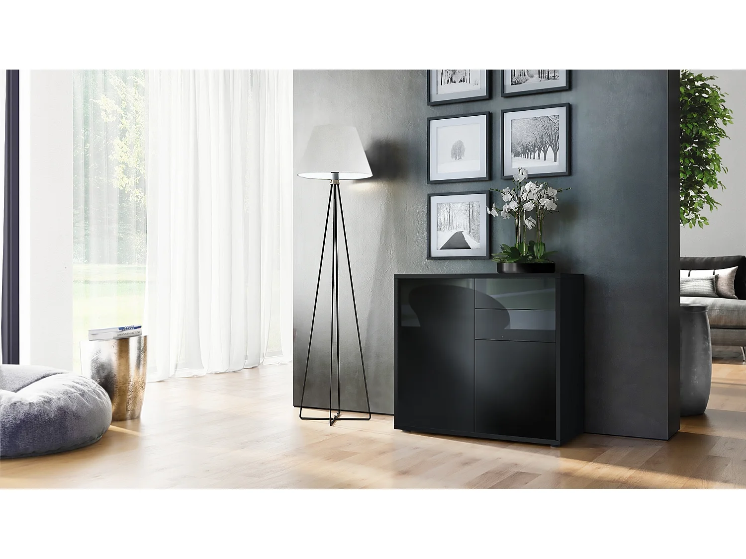 Credenza  Ben, mobile con 2 ante e 2 cassetti, nero opaco/nero lucido (79 x 74 x 36 cm)