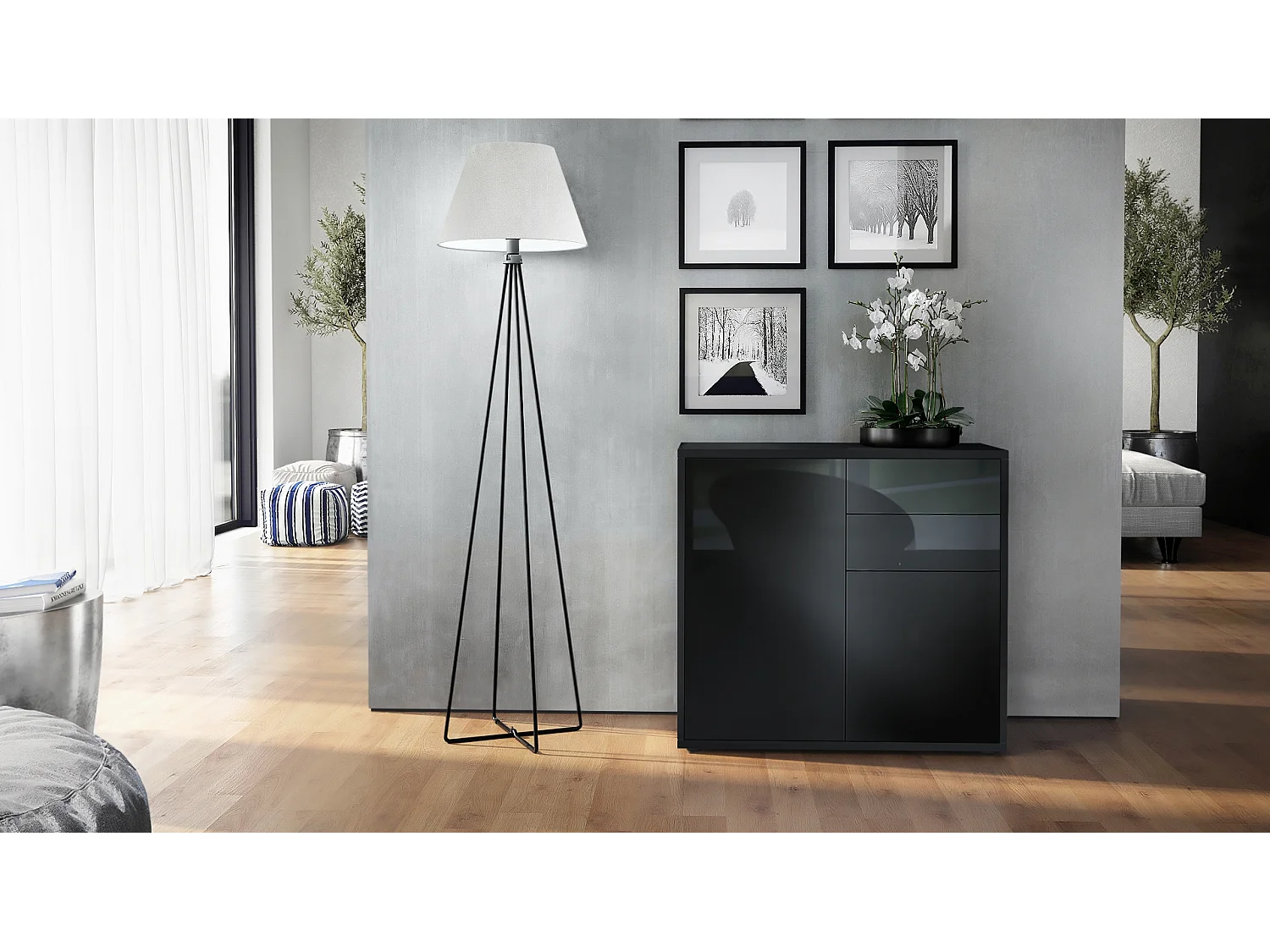Credenza  Ben, mobile con 2 ante e 2 cassetti, nero opaco/nero lucido (79 x 74 x 36 cm)