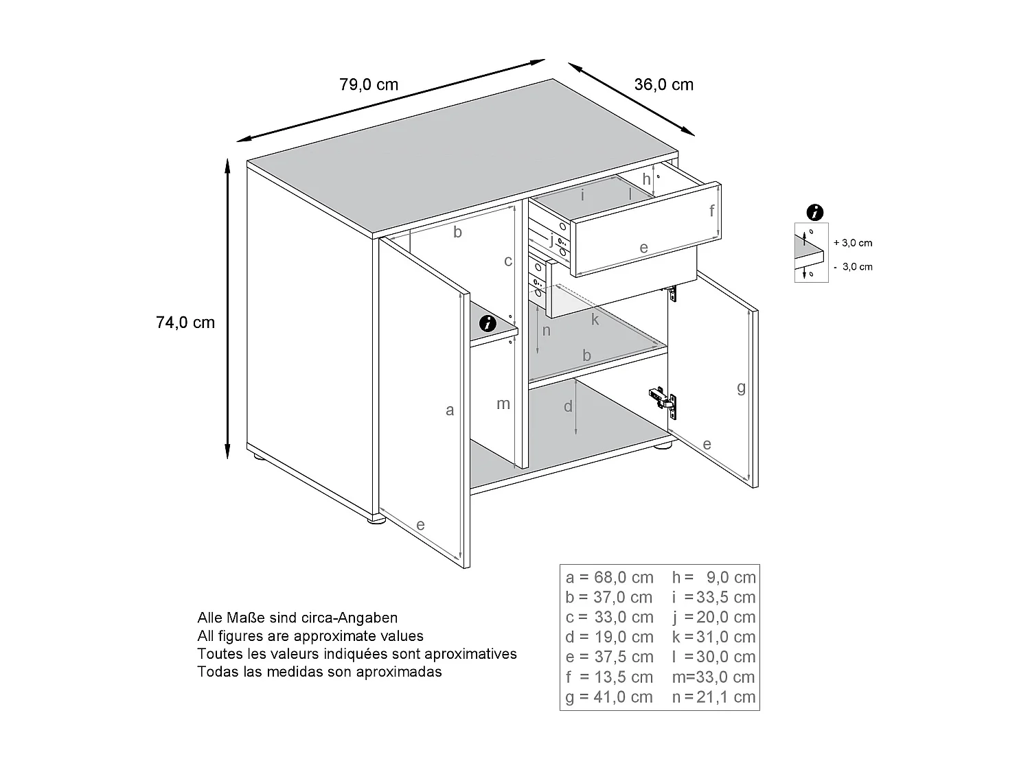 Credenza  Ben, mobile con 2 ante e 2 cassetti, nero opaco/nero lucido (79 x 74 x 36 cm)