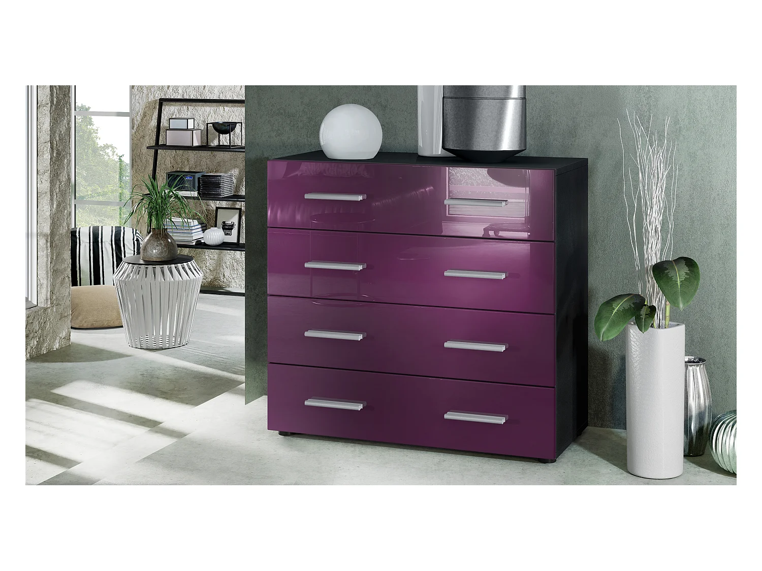 Buffet Pavos, Commode avec 4 tiroirs, noir mat/mûre haute brillance (76 x 72 x 35 cm)