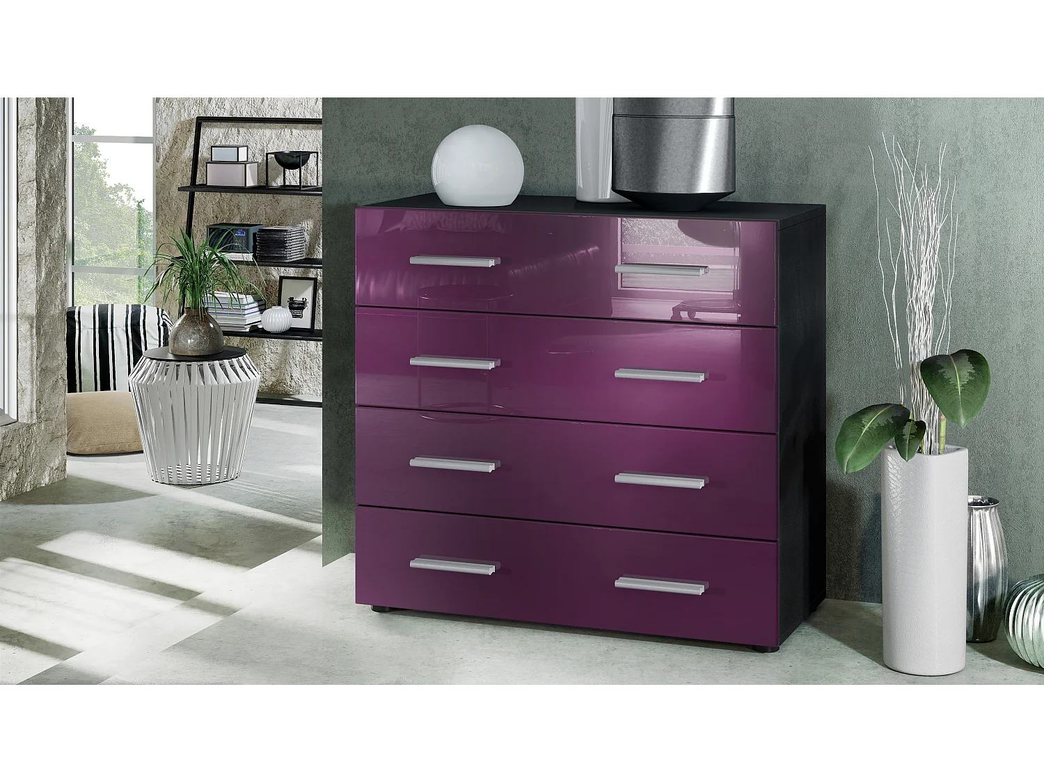 Vladon Madia Pavos, mobile con 4 cassetti, nero opaco/violetto porpora lucido (76 x 72 x 35 cm)