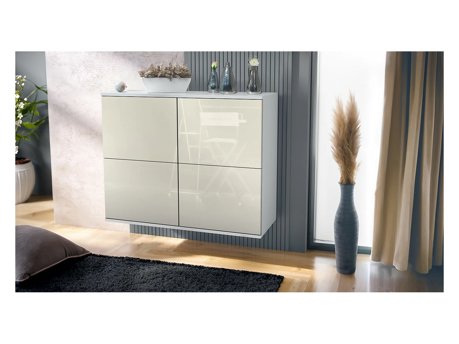 Aparador Rova V3 – Armario de cocina moderno con 4 puertas Push-to-Open blanco mate / crema de alto brillo (92,5 x 73.5 x 35)