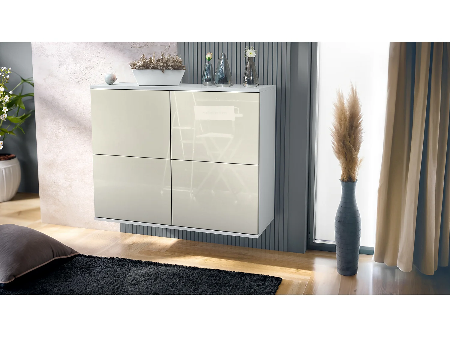 Credenza Rova V3 – Mobile da cucina moderno con 4 ante Push-to-Open bianco opaco / beige lucido (92,5 x 73.5 x 35)