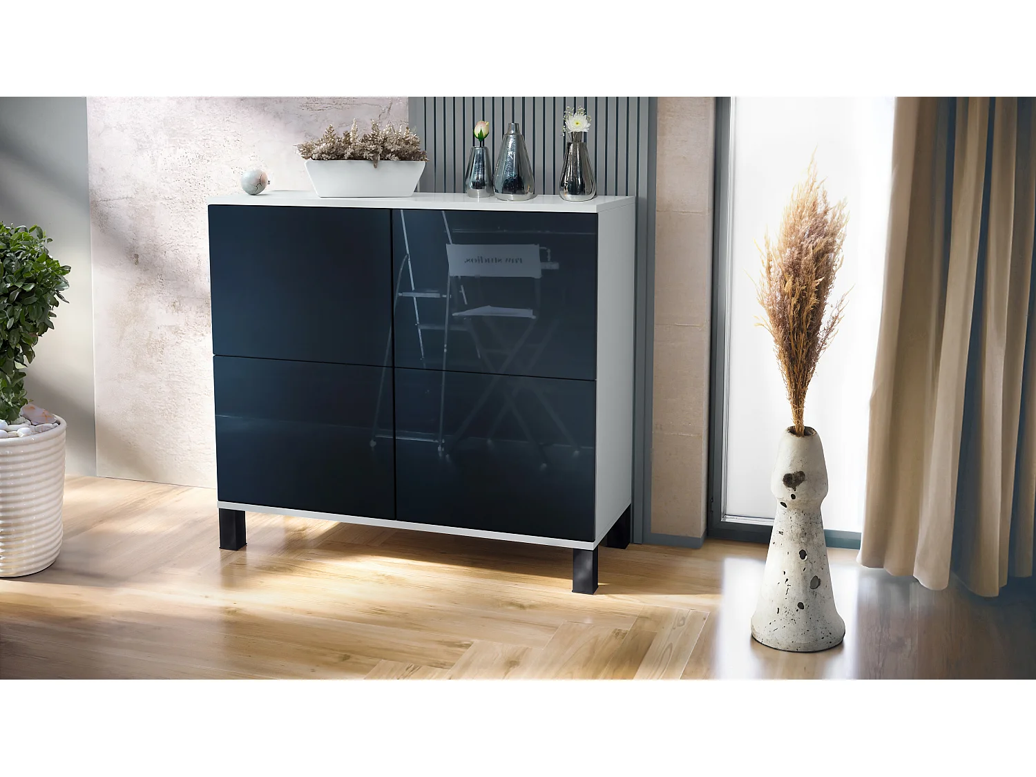 Credenza Rova V3 – Mobile da cucina moderno con 4 ante Push-to-Open bianco opaco / nero lucido (92,5 x 84.5 x 35)