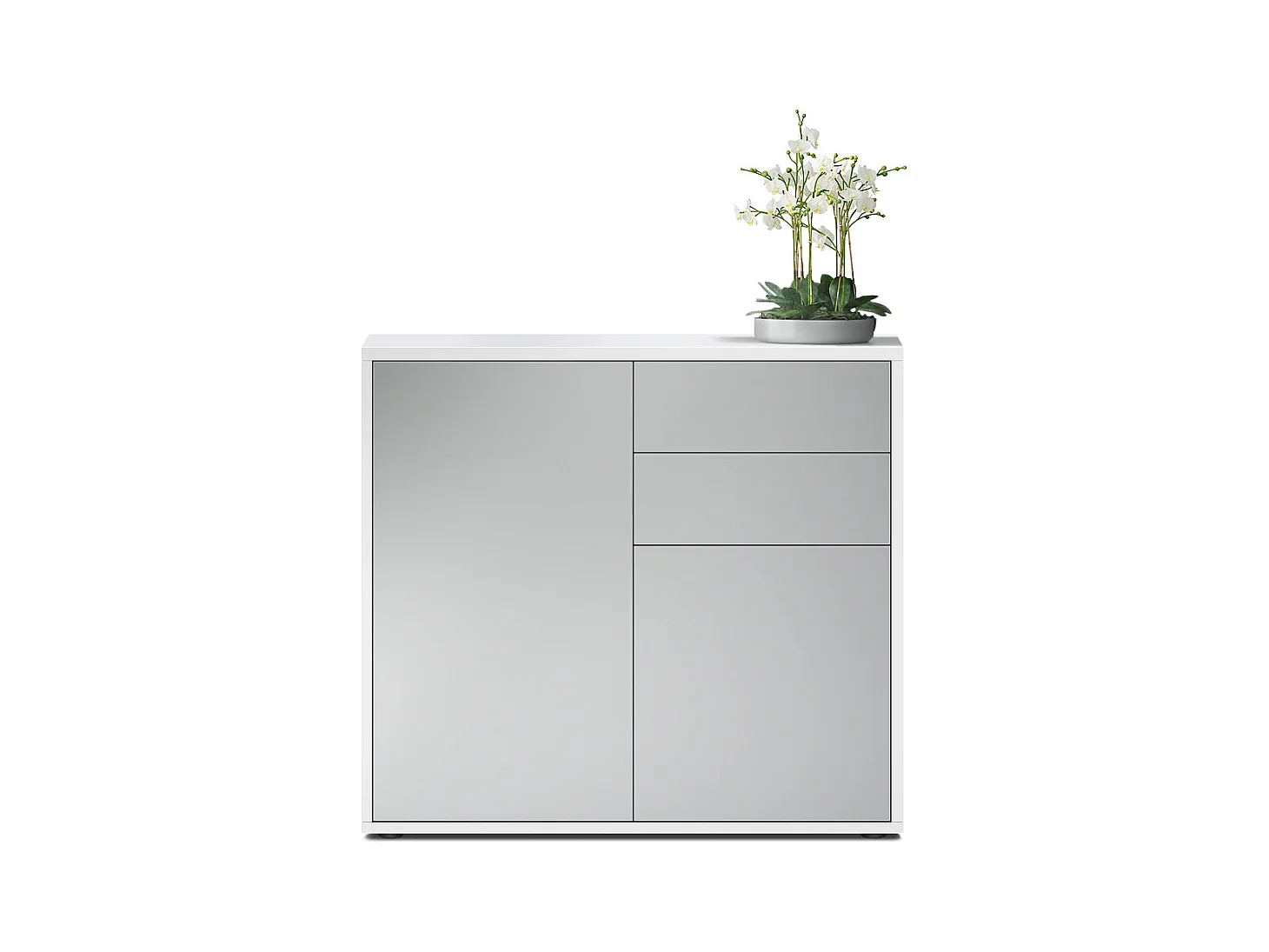 Buffet Ben, Commode avec 2 portes et 2 tiroirs, Blanc mat/Gris clair satiné mat (79 x 74 x 36 cm)
