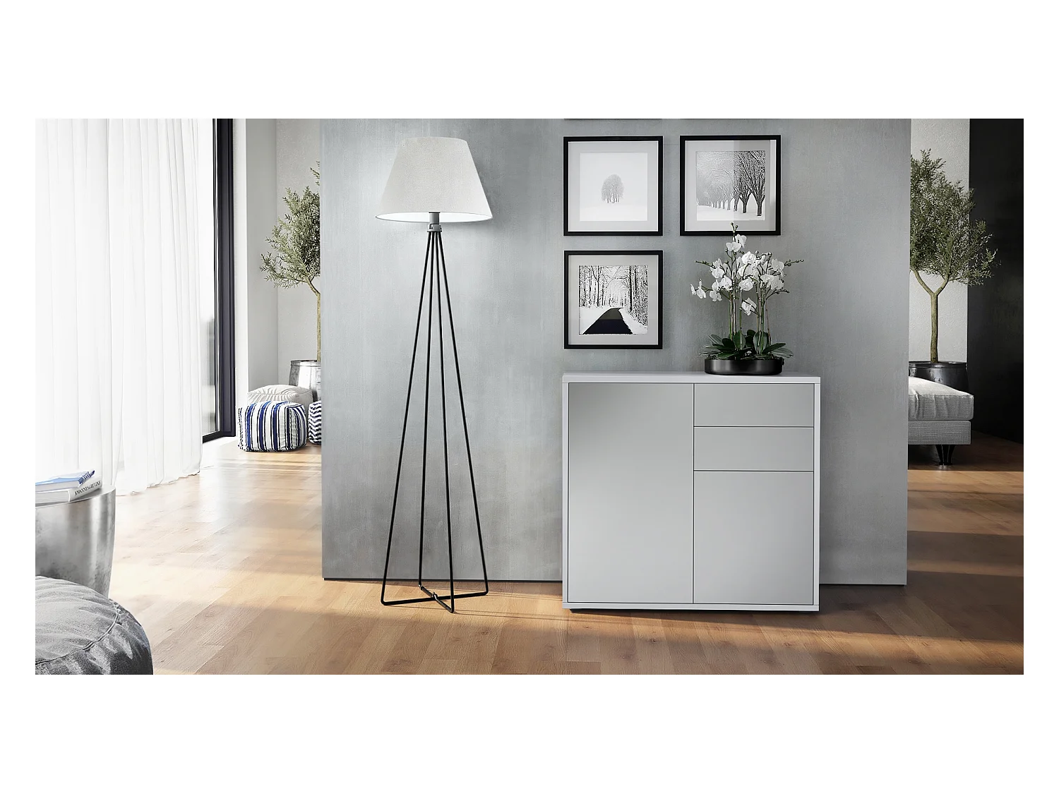 Buffet Ben, Commode avec 2 portes et 2 tiroirs, Blanc mat/Gris clair satiné mat (79 x 74 x 36 cm)
