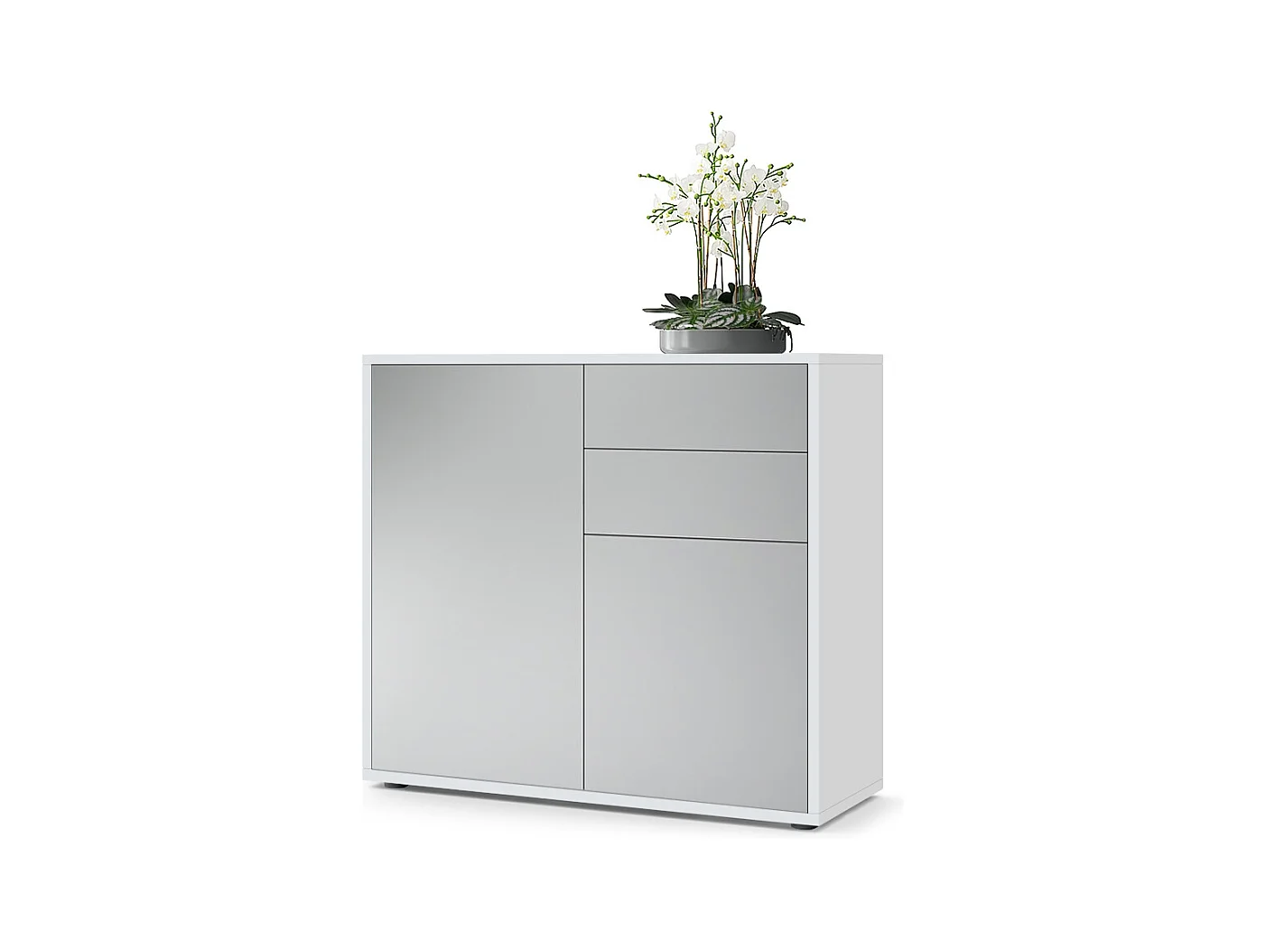 Buffet Ben, Commode avec 2 portes et 2 tiroirs, Blanc mat/Gris clair satiné mat (79 x 74 x 36 cm)