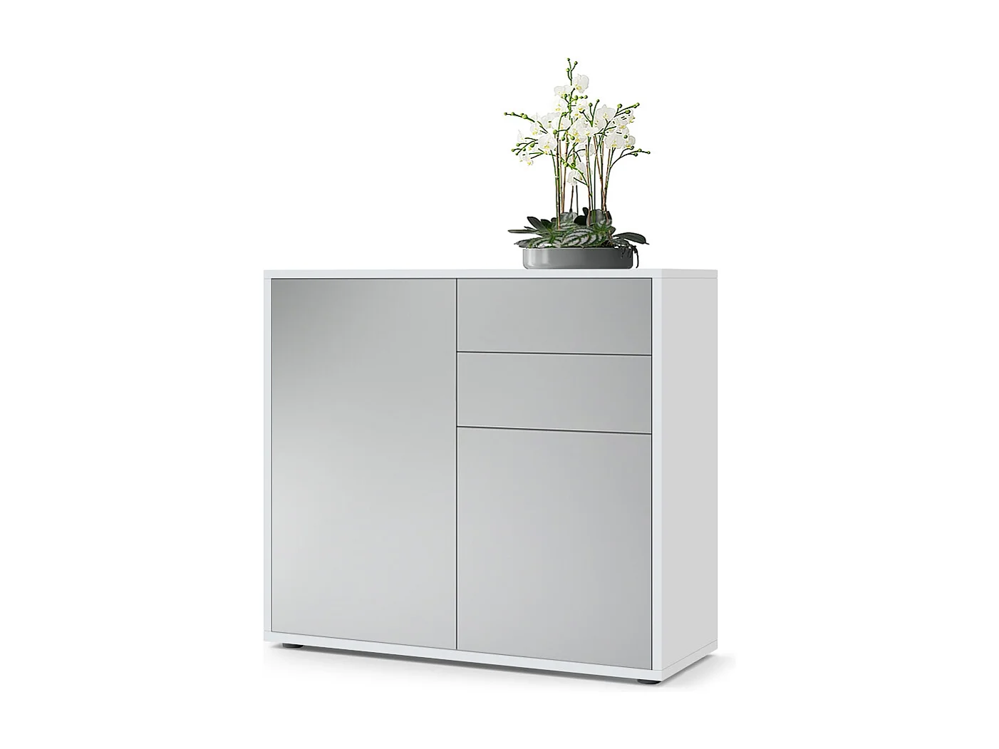 Buffet Ben, Commode avec 2 portes et 2 tiroirs, Blanc mat/Gris clair satiné mat (79 x 74 x 36 cm)