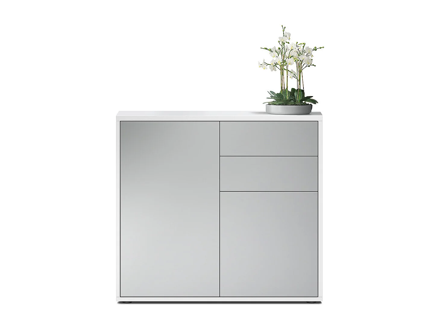 Buffet Ben, Commode avec 2 portes et 2 tiroirs, Blanc mat/Gris clair satiné mat (79 x 74 x 36 cm)