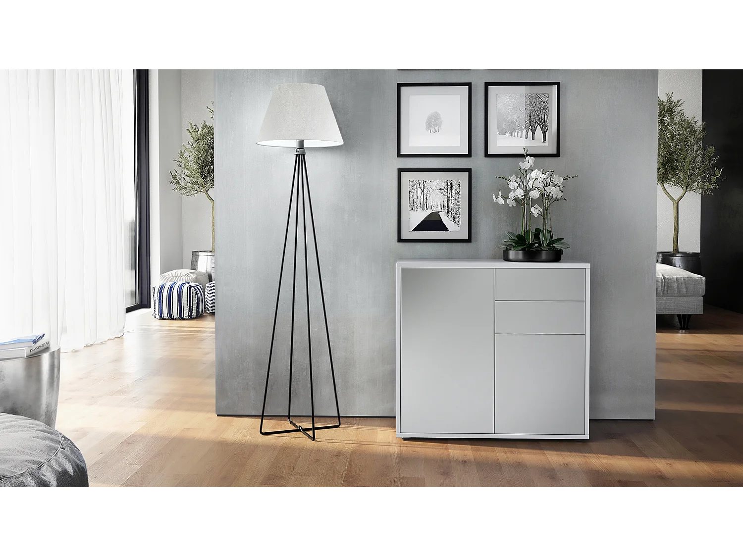 Buffet Ben, Commode avec 2 portes et 2 tiroirs, Blanc mat/Gris clair satiné mat (79 x 74 x 36 cm)