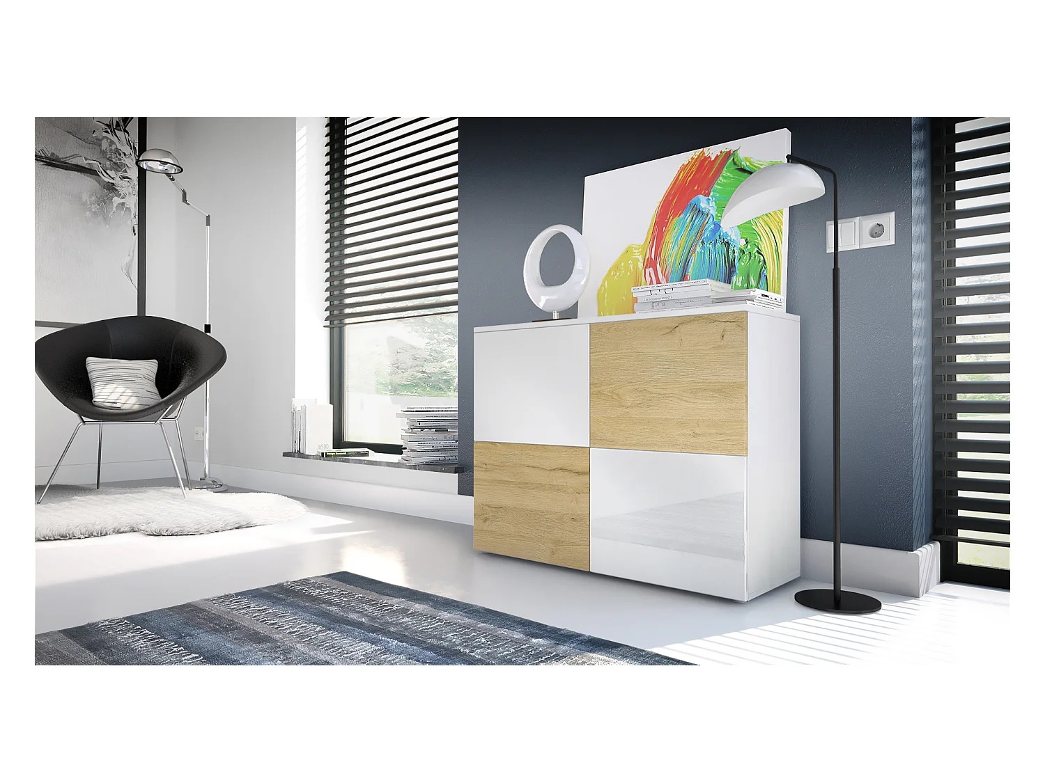 KOMMODE Rova Weiß Hochglanz / Eiche Natur