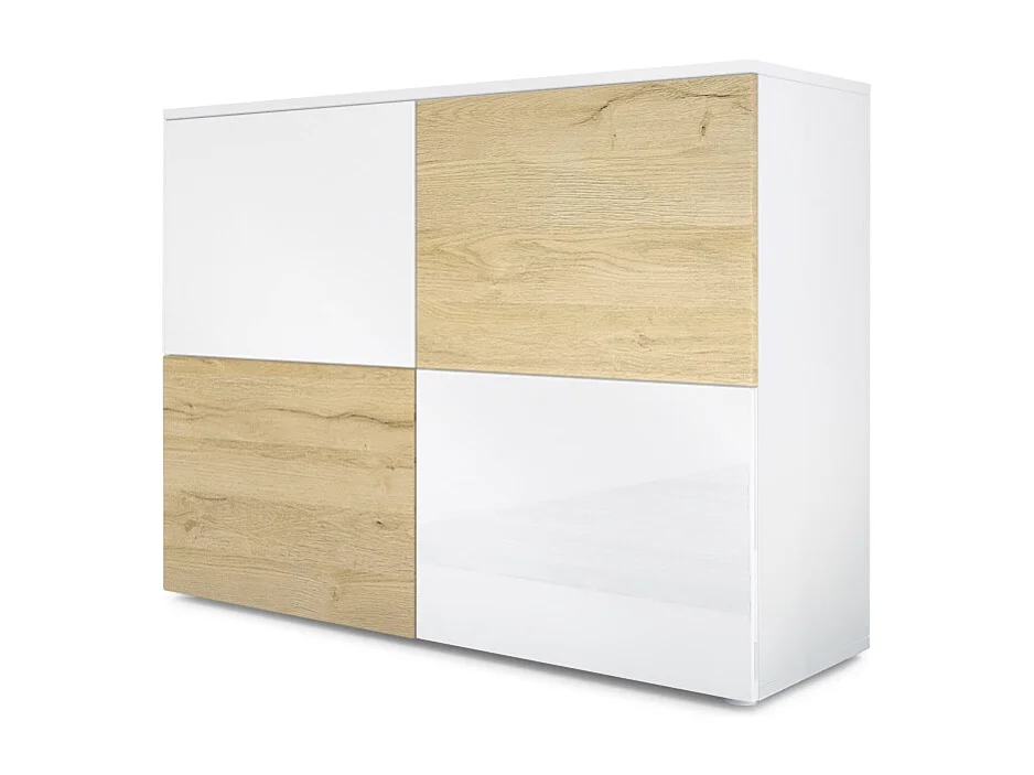 Vladon Cajonera Rova, Cómoda con 4 Puertas, Blanco mate/Blanco de alto brillo/Roble natural (92 x 72 x 35 cm)