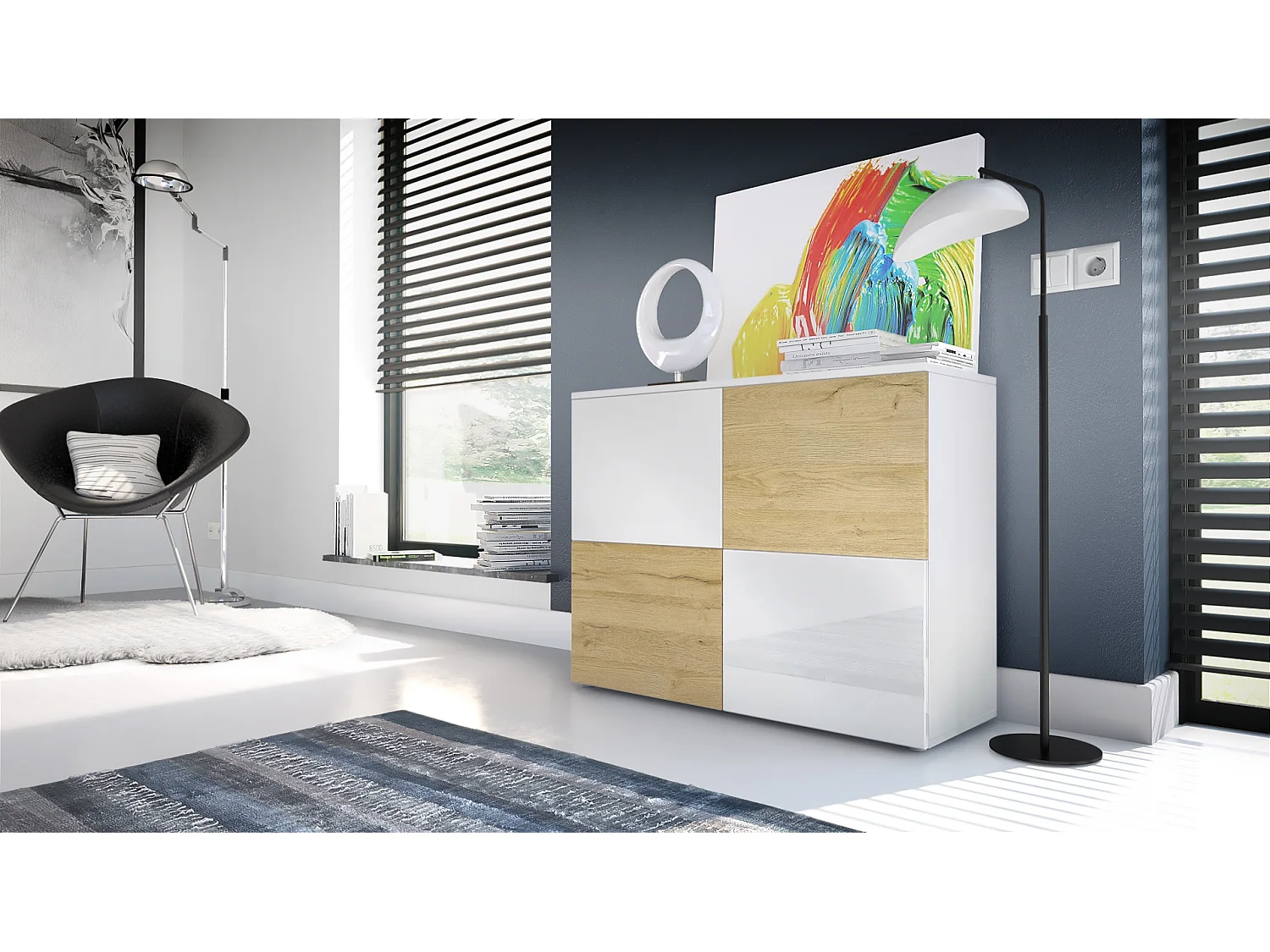 Vladon Cajonera Rova, Cómoda con 4 Puertas, Blanco mate/Blanco de alto brillo/Roble natural (92 x 72 x 35 cm)