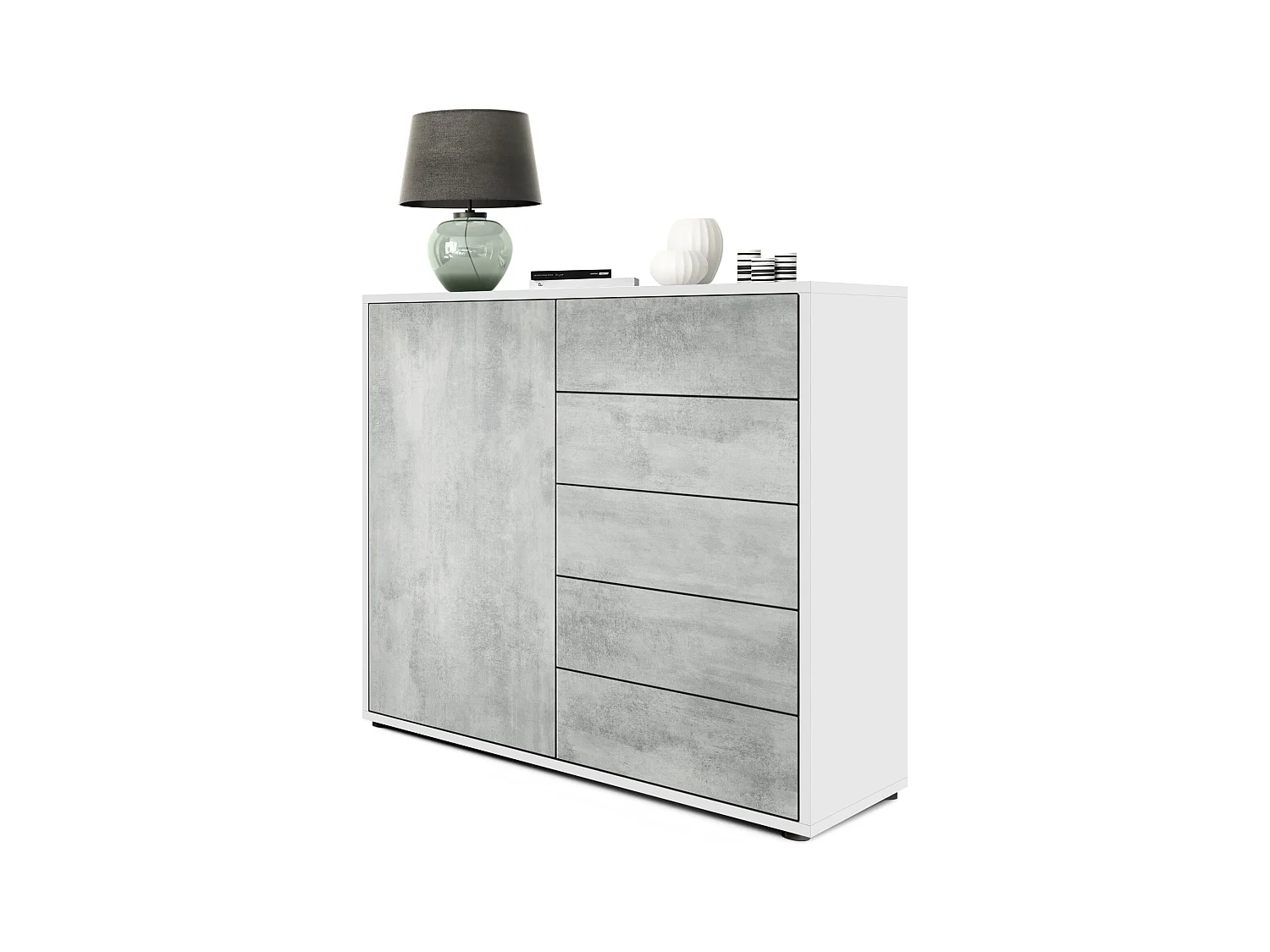 Buffet Ben V2, Commode avec 1 portes et 5 tiroirs, Blanc mat/Aspect Béton Oxyde (79 x 74 x 36 cm)