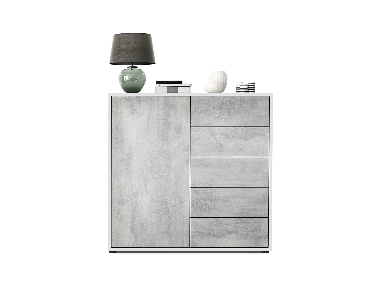 Buffet Ben V2, Commode avec 1 portes et 5 tiroirs, Blanc mat/Aspect Béton Oxyde (79 x 74 x 36 cm)