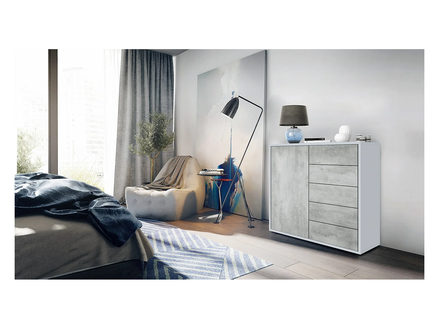 Buffet Ben V2, Commode avec 1 portes et 5 tiroirs, Blanc mat/Aspect Béton Oxyde (79 x 74 x 36 cm)