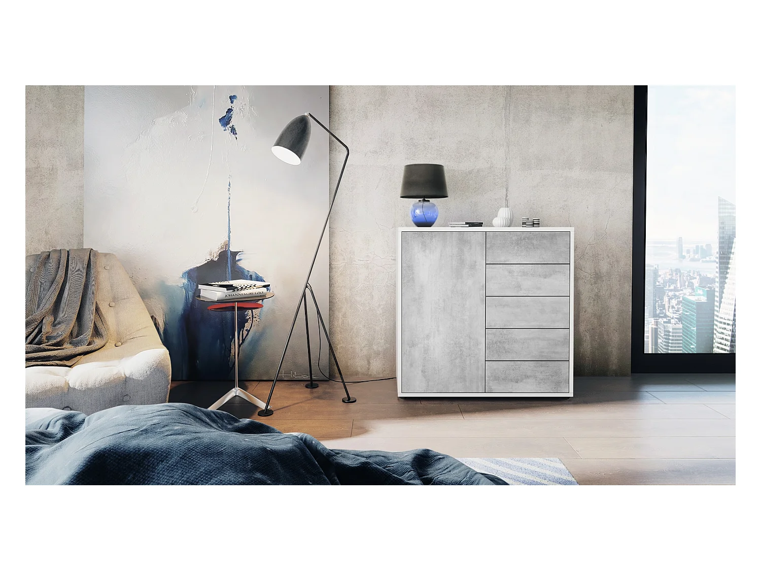 Buffet Ben V2, Commode avec 1 portes et 5 tiroirs, Blanc mat/Aspect Béton Oxyde (79 x 74 x 36 cm)