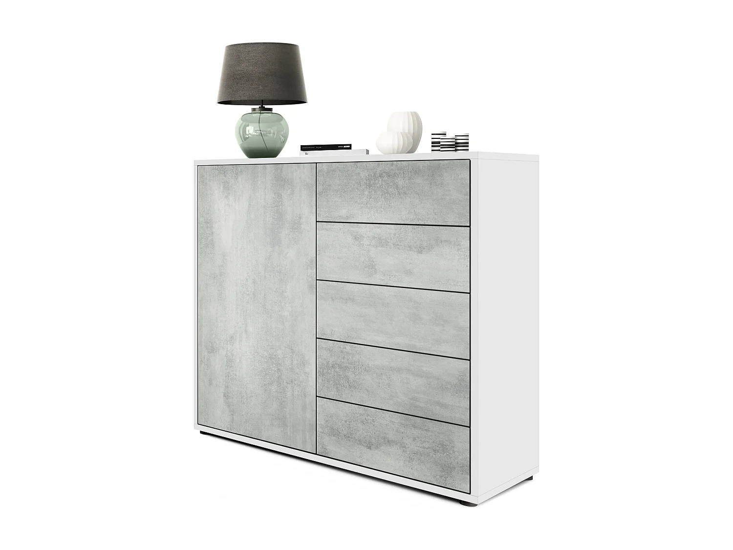 Buffet Ben V2, Commode avec 1 portes et 5 tiroirs, Blanc mat/Aspect Béton Oxyde (79 x 74 x 36 cm)