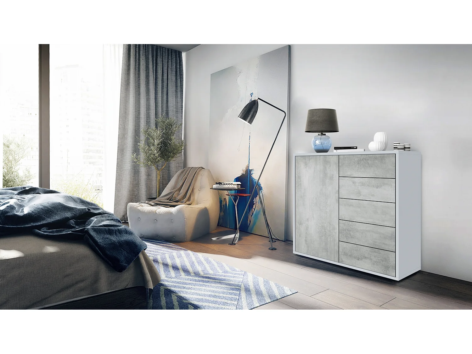 Buffet Ben V2, Commode avec 1 portes et 5 tiroirs, Blanc mat/Aspect Béton Oxyde (79 x 74 x 36 cm)
