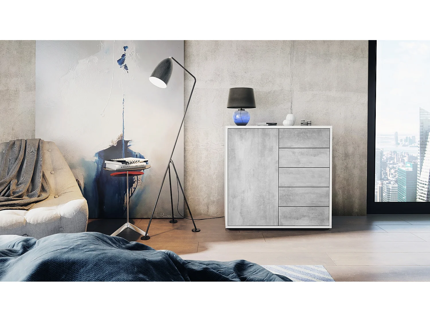 Buffet Ben V2, Commode avec 1 portes et 5 tiroirs, Blanc mat/Aspect Béton Oxyde (79 x 74 x 36 cm)