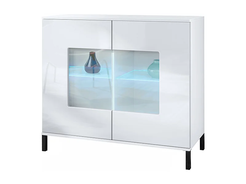 Commode Grömitz V3, Armoire de cuisine moderne avec 2 grandes portes vitrées incl. éclairage RGB blanc mat / blanc haute brillance (92,5 x 83.5 x 35)