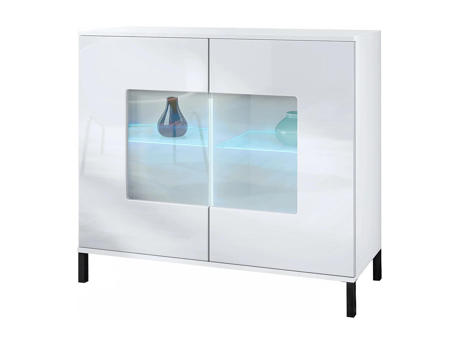 Commode Grömitz V3, Armoire de cuisine moderne avec 2 grandes portes vitrées incl. éclairage RGB blanc mat / blanc haute brillance (92,5 x 83.5 x 35)