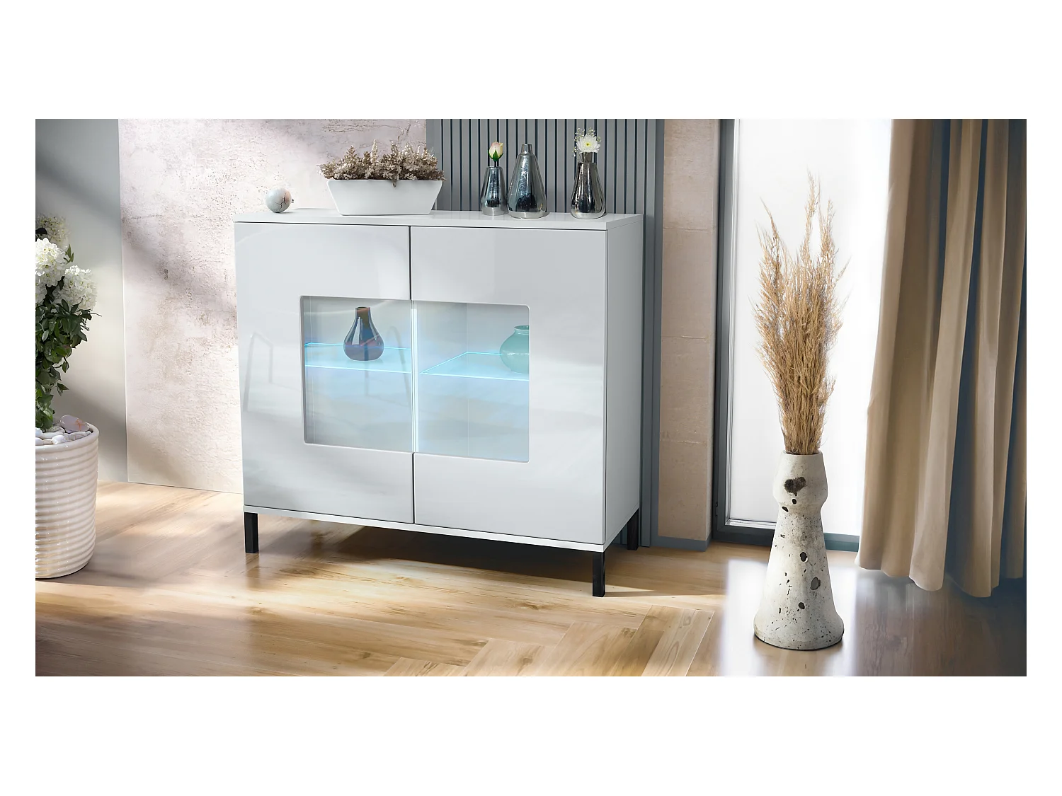 Commode Grömitz V3, Armoire de cuisine moderne avec 2 grandes portes vitrées incl. éclairage RGB blanc mat / blanc haute brillance (92,5 x 83.5 x 35)