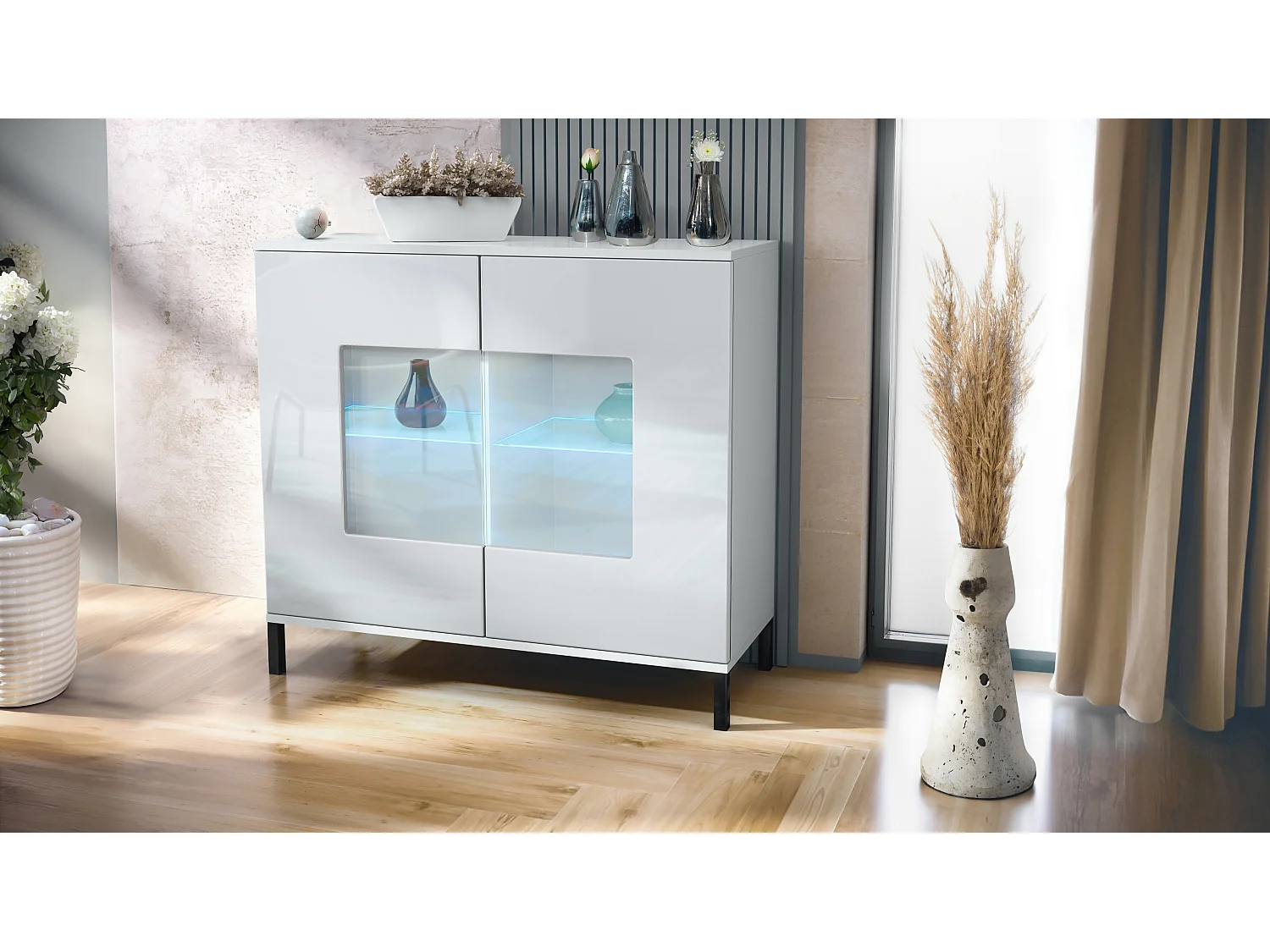 Commode Grömitz V3, Armoire de cuisine moderne avec 2 grandes portes vitrées incl. éclairage RGB blanc mat / blanc haute brillance (92,5 x 83.5 x 35)