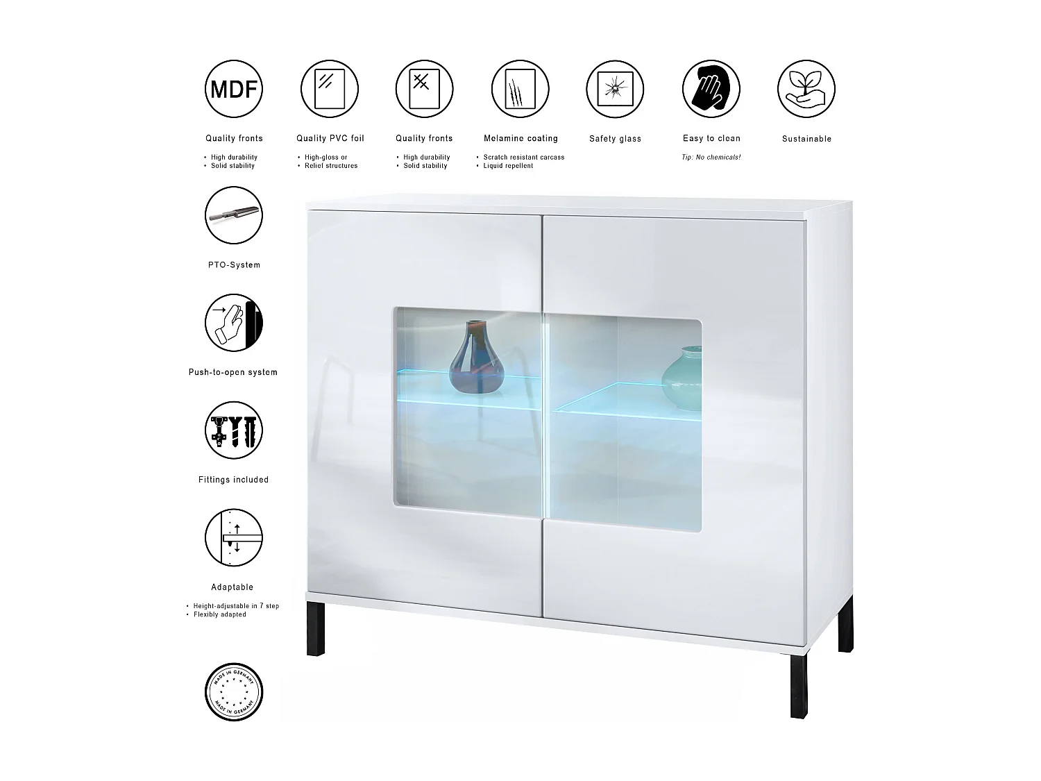 Commode Grömitz V3, Armoire de cuisine moderne avec 2 grandes portes vitrées incl. éclairage RGB blanc mat / blanc haute brillance (92,5 x 83.5 x 35)