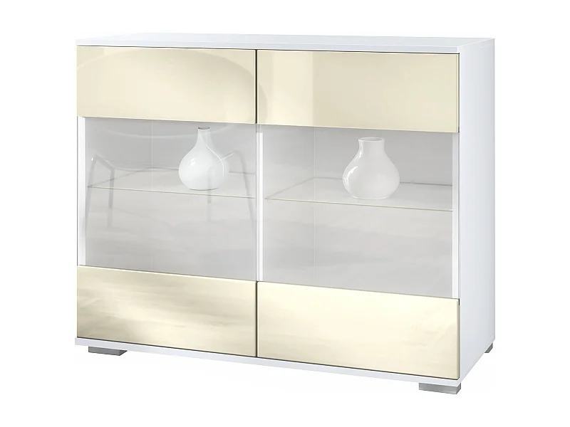 Cómoda Bari V3, Moderno armario de cocina con 2 grandes puertas de cristal blanco mate / crema de alto brillo (92,5 x 75.5 x 35)