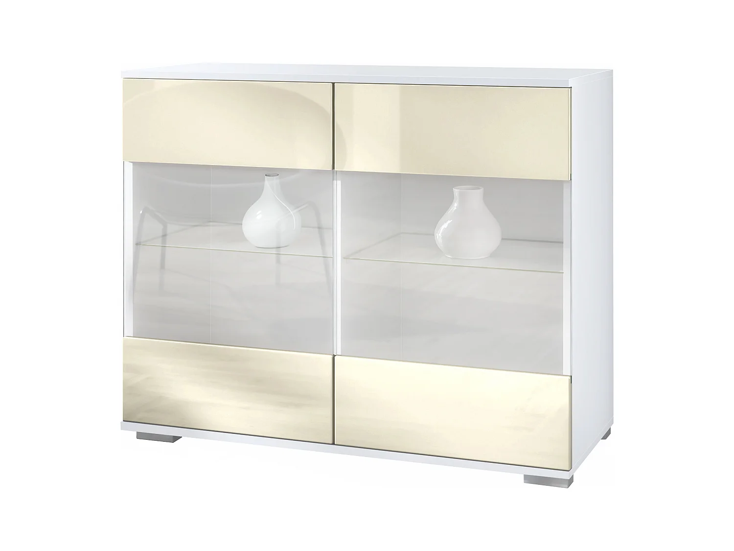 Commode Bari V3, Armoire de cuisine moderne avec 2 grandes portes vitrées blanc mat / crème haute brillance (92,5 x 75.5 x 35)