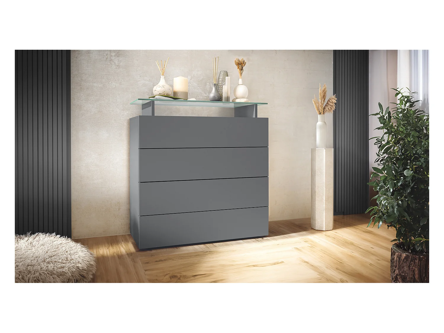 Buffet Pavos V2, Commode avec 4 tiroirs et mini-étagère en verre, anthracite mat/anthracite mat (76 x 81 x 35 cm)