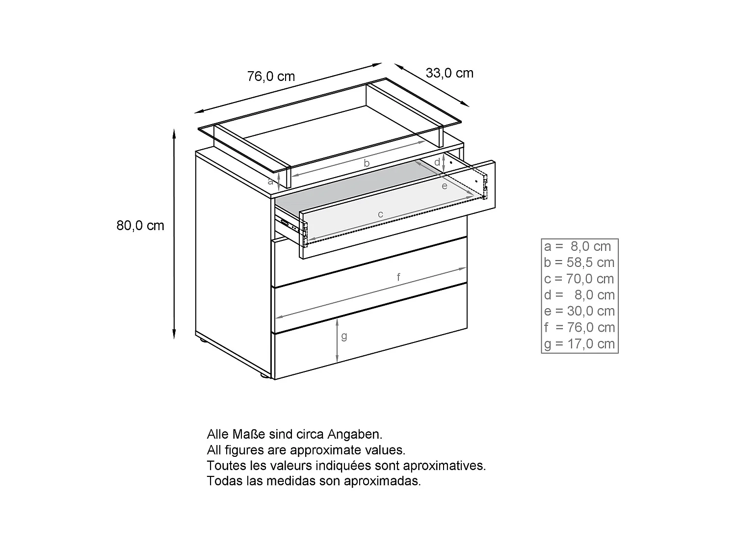 Buffet Pavos V2, Commode avec 4 tiroirs et mini-étagère en verre, anthracite mat/anthracite mat (76 x 81 x 35 cm)