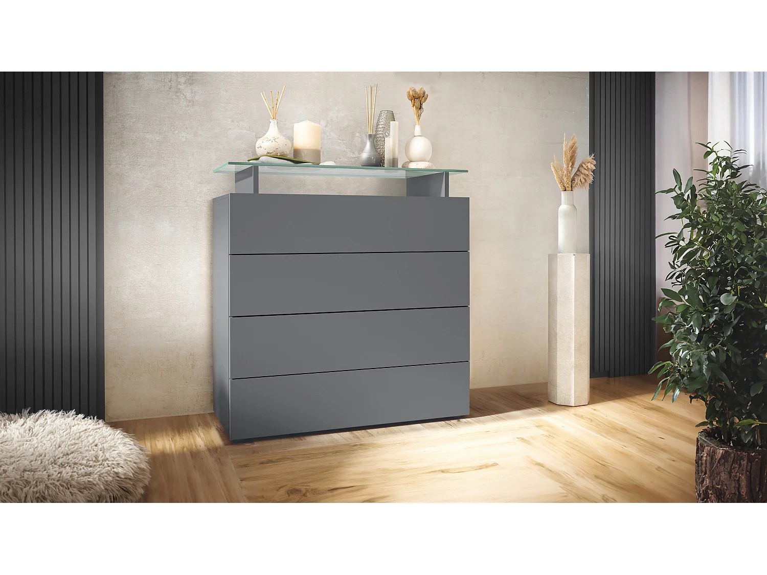 Buffet Pavos V2, Commode avec 4 tiroirs et mini-étagère en verre, anthracite mat/anthracite mat (76 x 81 x 35 cm)