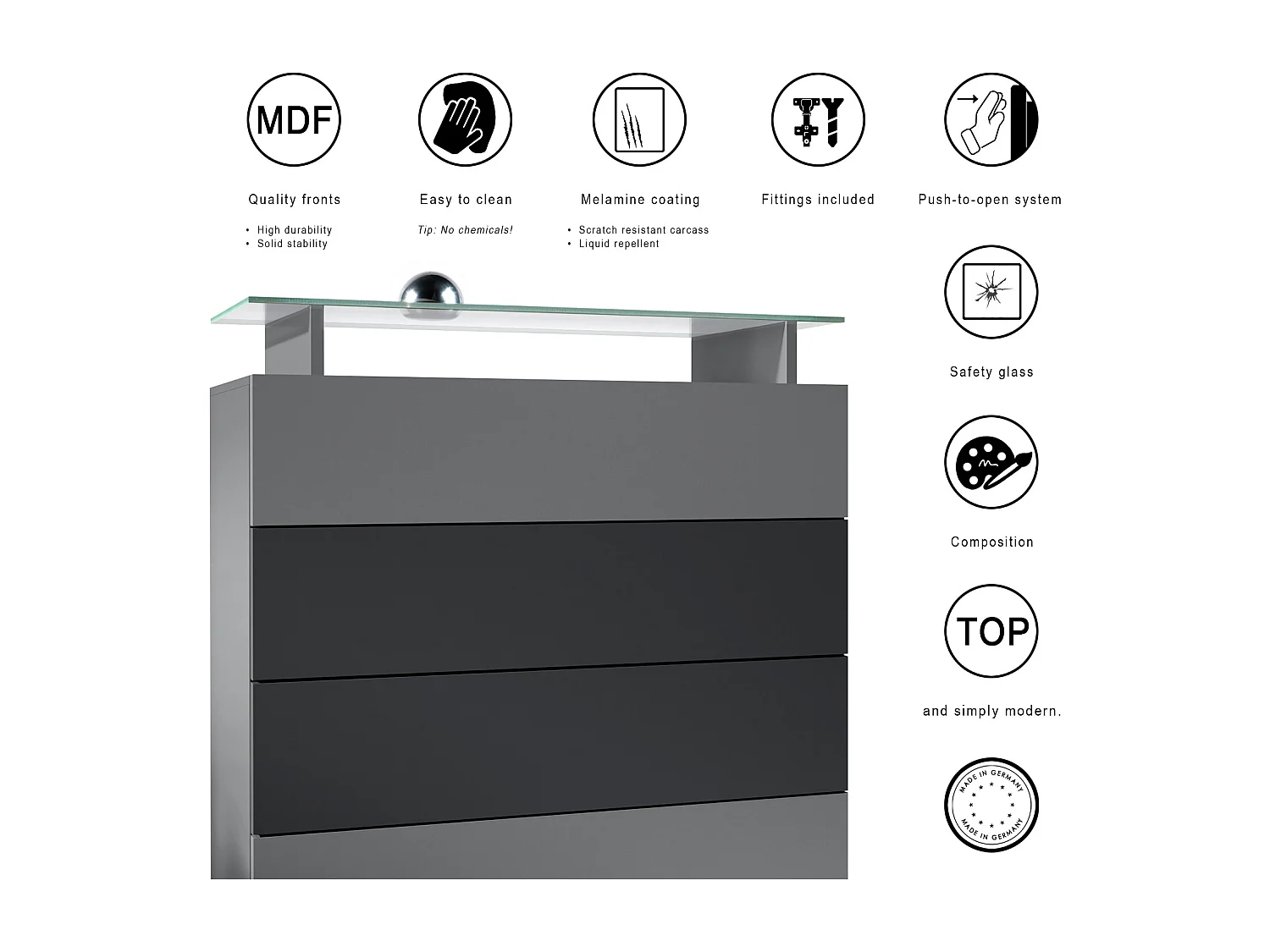 Buffet Pavos V2, Commode avec 4 tiroirs et mini-étagère en verre, anthracite mat/anthracite mat (76 x 81 x 35 cm)